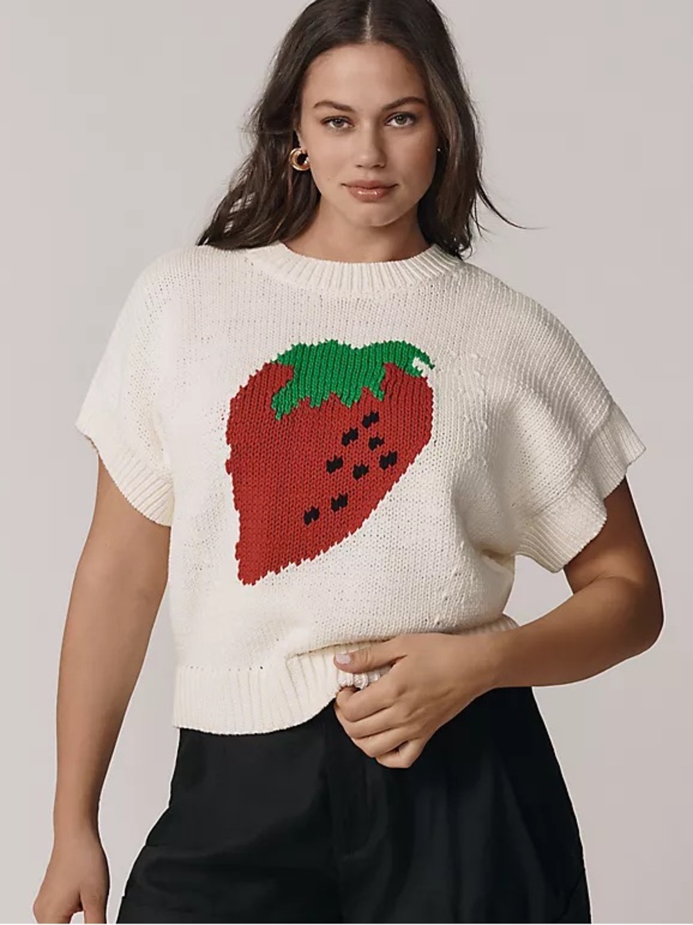 Anthropologie Pippa Cap Sleeve Sweater Strawberry Graphic 2X